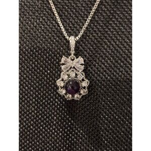 Purple Cabochon Crystal Bow Pendant Necklace Stainless Steel Box Chain Silver